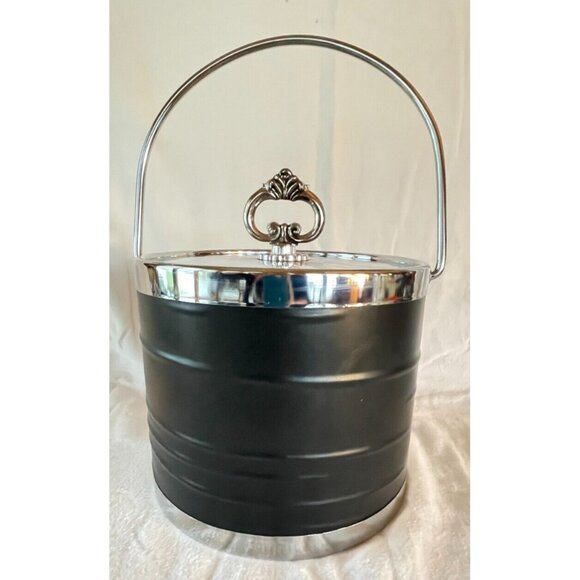 Vintage Black Vinyl & Chrome Ice Bucket Mid Century Barware Retro Entertaining - Picture 1 of 13